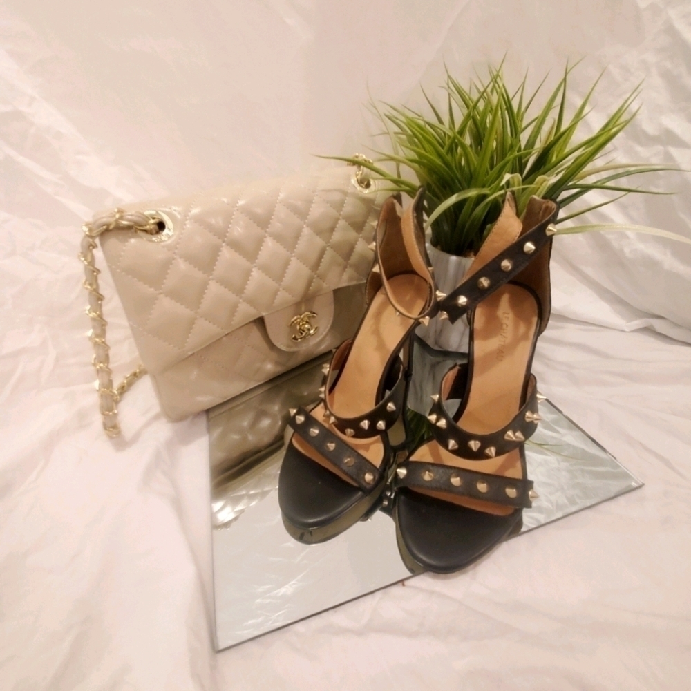 Le Château Spikey Studded Black And Gold Heels w/ Ankle Straps, & Zipper Closure - Picture 3 of 7